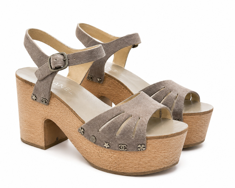 Chanel Lucky Charms Gray Suede CC Wood Platform Sandals Heels Size 37